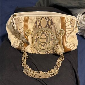 bebe Beige and Brown Clutch with Gold Accents